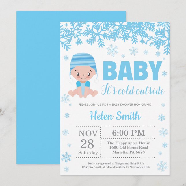 Baby its Cold Outside Winter Blue Boy Baby Shower Invitation (Front/Back)