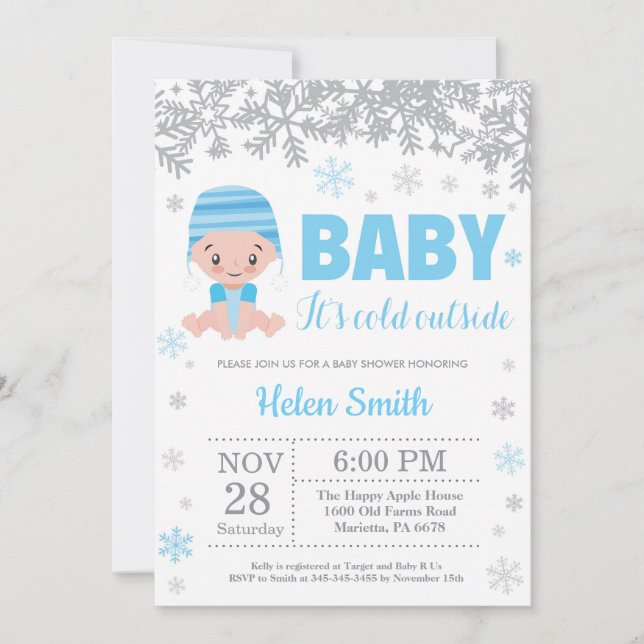 Baby its Cold Outside Winter Blue Boy Baby Shower Invitation (Front)