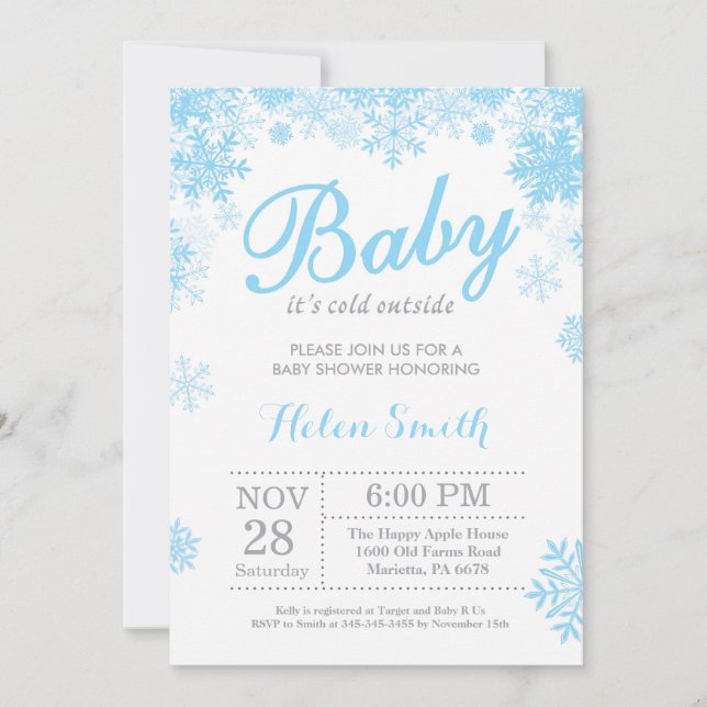 Baby its Cold Outside Winter Blue Boy Baby Shower Invitation (Front)