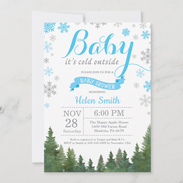 Baby its Cold Outside Winter Blue Boy Baby Shower Invitation (Front)