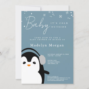 Baby It's Cold Outside Winter Blue Cute Penguin  Invitation