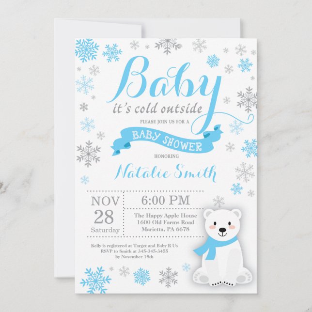 Baby Its Cold Outside Winter Boy Baby Shower Blue  Invitation (Front)