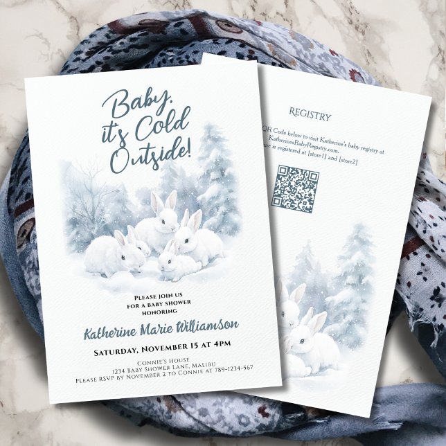 Baby Its Cold Outside Winter Bunnies Baby Shower Invitation (Baby It's Cold Outside Winter Baby Shower Invitation with Snow Bunnies and Trees.)