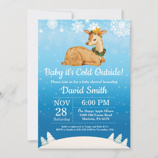 Baby its Cold Outside Winter Deer Boy Baby Shower Invitation (Front)
