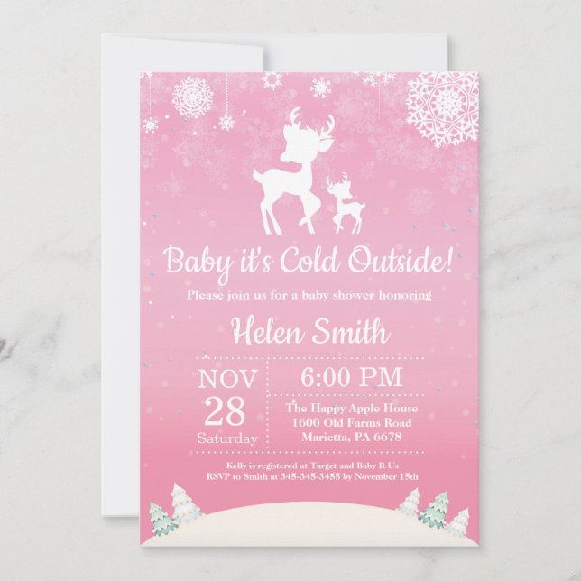 Baby its Cold Outside Winter Deer Girl Baby Shower Invitation (Front)