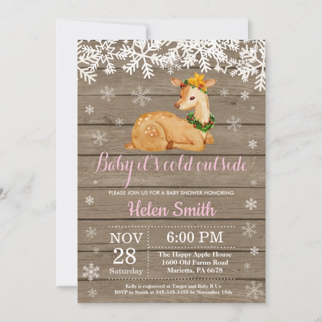 Baby its Cold Outside Winter Deer Girl Baby Shower Invitation (Front)