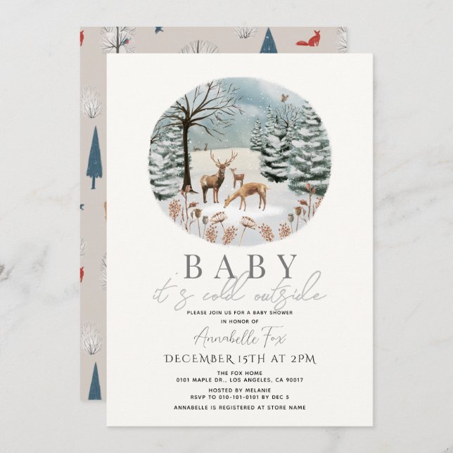 Baby It's Cold Outside Winter Forest Baby Shower Invitation (Front/Back)
