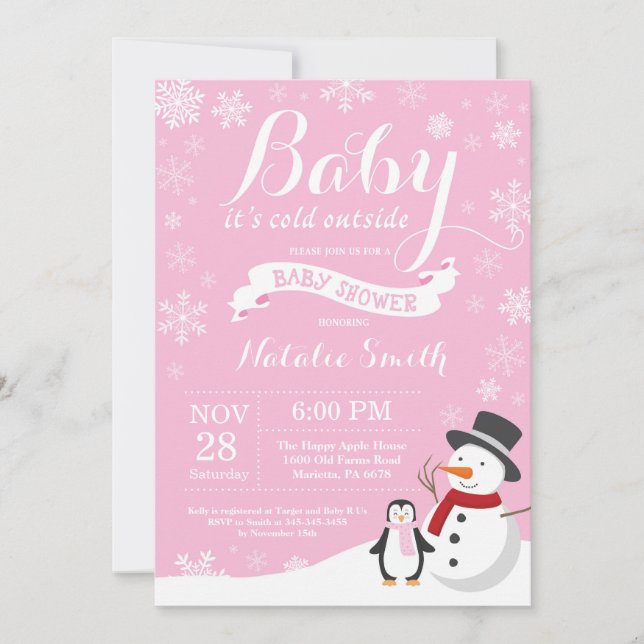 Baby Its Cold Outside Winter Girl Baby Shower Pink Invitation (Front)