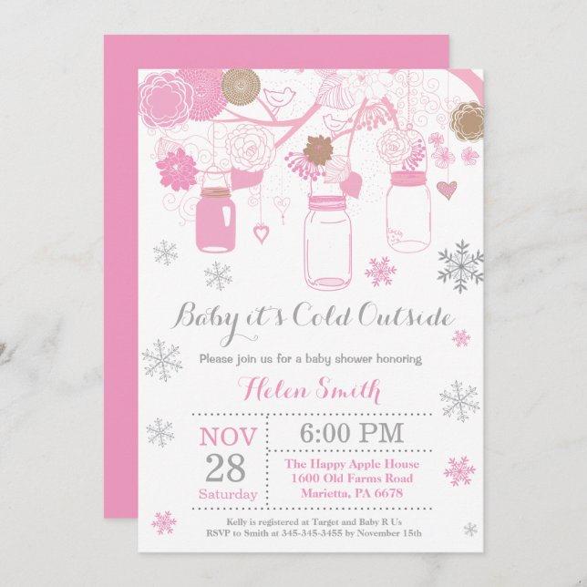 Baby its Cold Outside Winter Mason Jar Baby Shower Invitation (Front/Back)