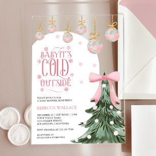 Baby It's Cold Outside Winter Pink Bow Baby Shower Acrylic Invitations