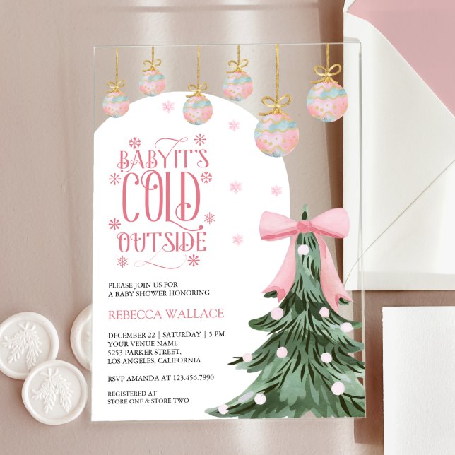 Baby It's Cold Outside Winter Pink Bow Baby Shower Acrylic Invitations (Creator Uploaded)