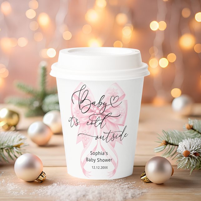 Baby Its Cold Outside Winter Pink Bow Baby Shower Paper Cups (Creator Uploaded)