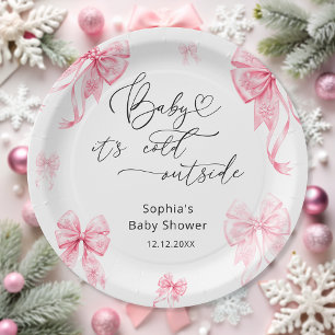 Baby Its Cold Outside Winter Pink Bow Baby Shower  Paper Plate