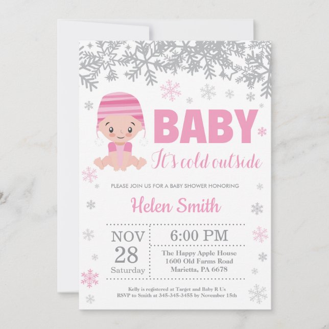 Baby its Cold Outside Winter Pink Girl Baby Shower Invitation (Front)