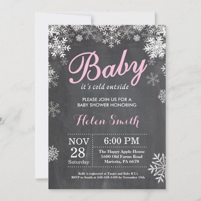 Baby its Cold Outside Winter Pink Girl Baby Shower Invitation (Front)