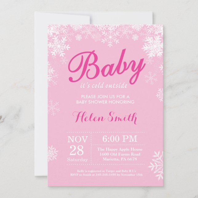 Baby its Cold Outside Winter Pink Girl Baby Shower Invitation (Front)