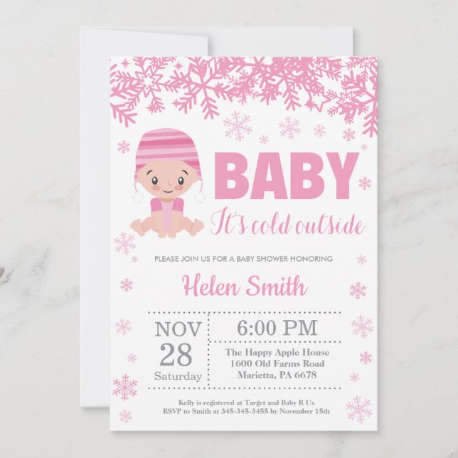 Baby its Cold Outside Winter Pink Girl Baby Shower Invitation (Front)