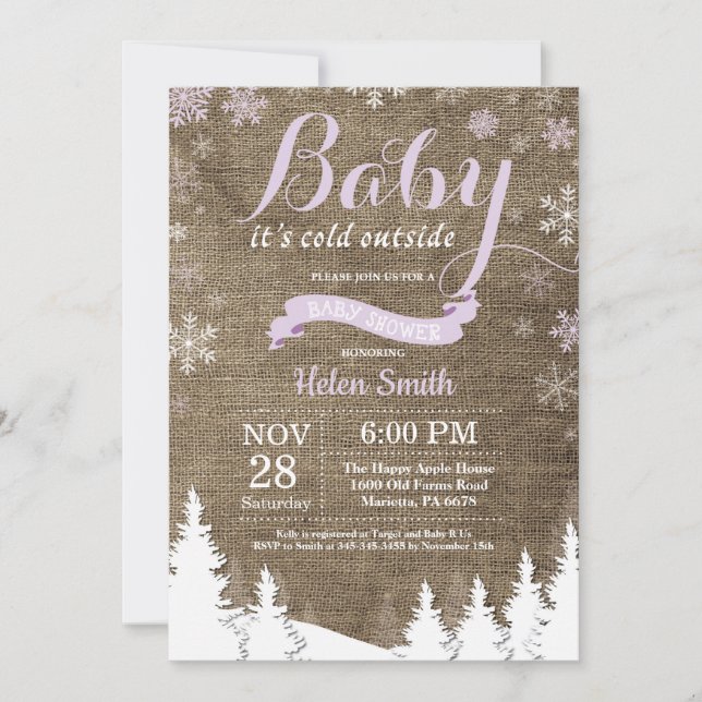 Baby its Cold Outside Winter Purple Baby Shower Invitation (Front)
