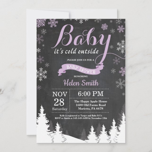 Baby its Cold Outside Winter Purple Baby Shower Invitation (Front)