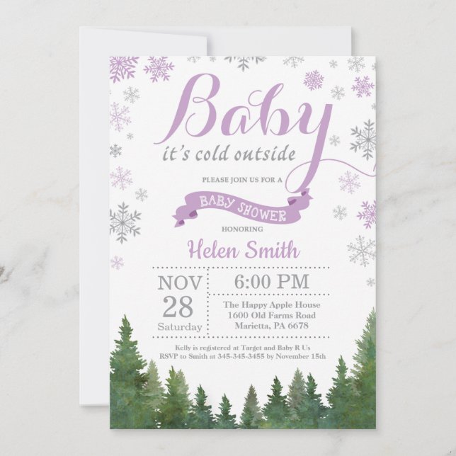 Baby its Cold Outside Winter Purple Baby Shower Invitation (Front)