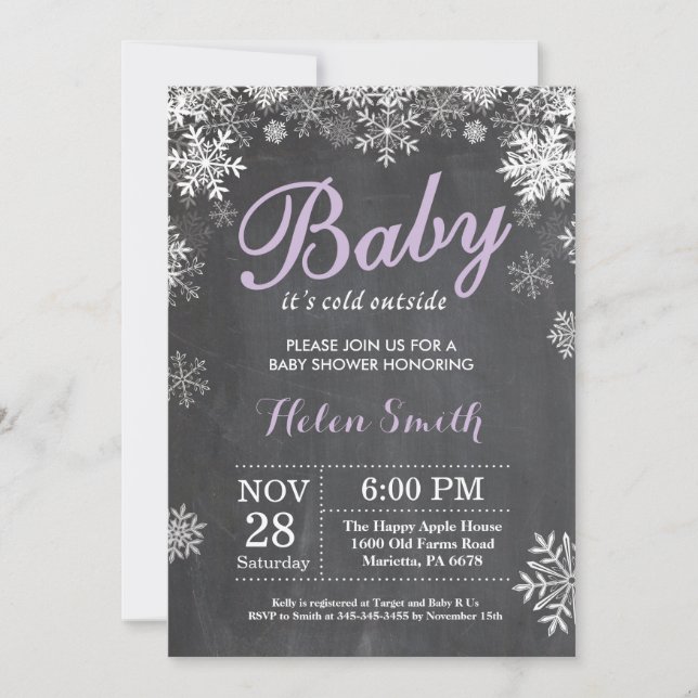 Baby its Cold Outside Winter Purple Baby Shower Invitation (Front)