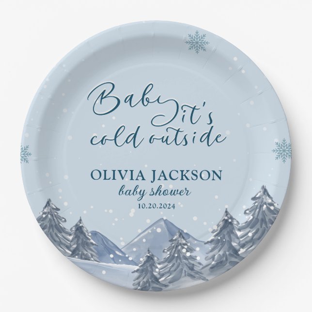 Baby its cold outside winter snowflake baby shower paper plate (Front)
