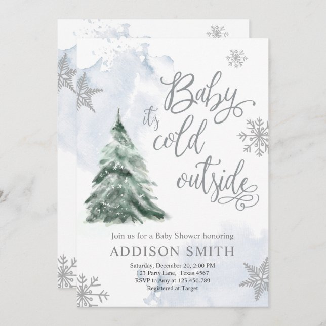 Baby It's Cold Outside Winter Tree Boy Baby Shower Invitation (Front/Back)
