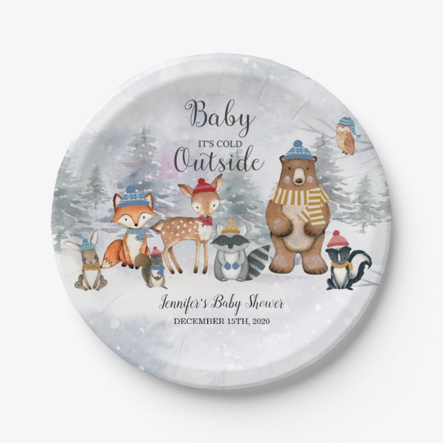 Baby It's Cold Outside Winter Woodland Baby Shower Paper Plate (Front)