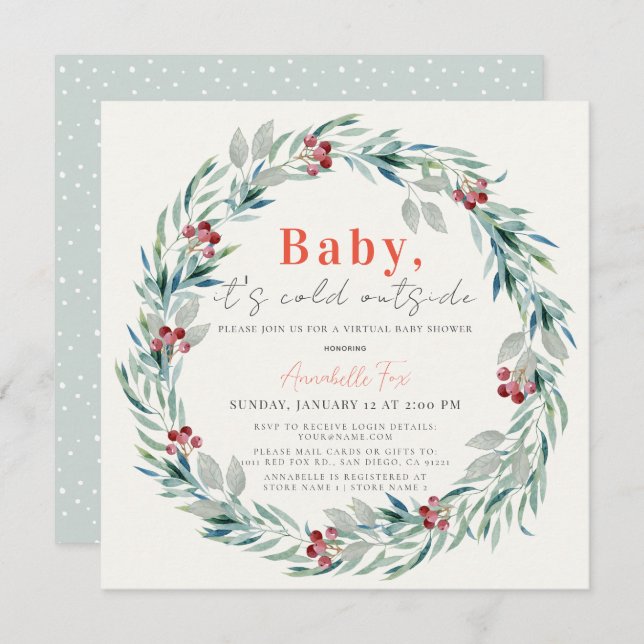 Baby It's Cold Outside Wreath Virtual Baby Shower  Invitation (Front/Back)