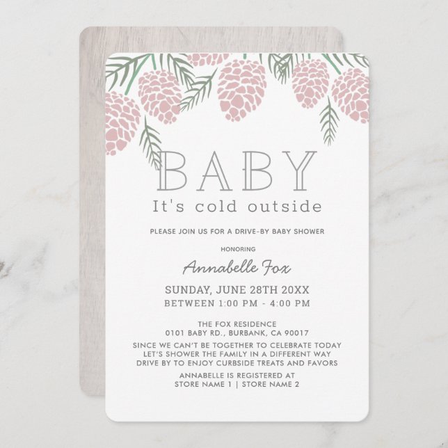 Baby Its Cold Pink Pine Cone Drive-by Baby Shower Invitation (Front/Back)