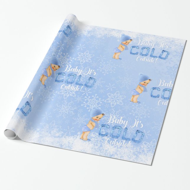 Baby It's Cold Winter Snowflake Blue Boy Shower Wrapping Paper (Unrolled)