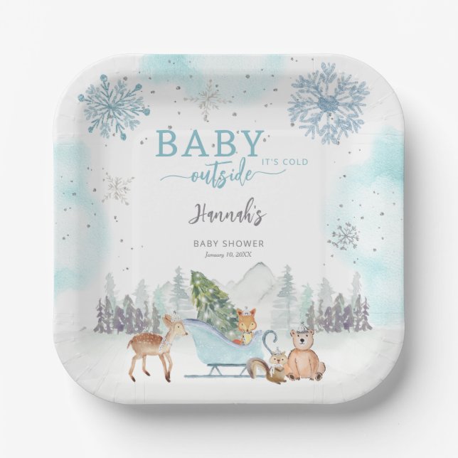 Baby It's Cold Winter Woodland Outside Baby Shower Paper Plate (Front)