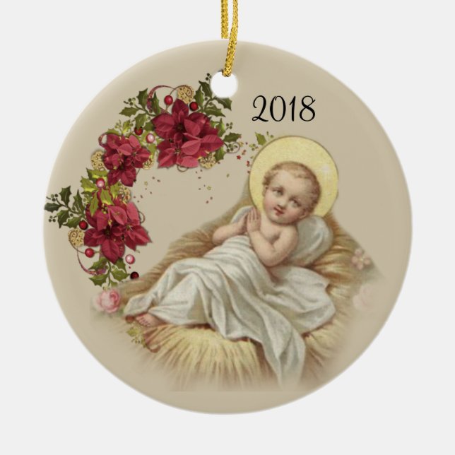 Baby Jesus Christmas Floral Wreath Ceramic Ornament (Front)