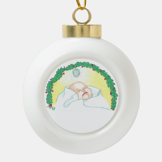 Baby Jesus Enwreathed Ceramic Ball Christmas Ornament (Front)