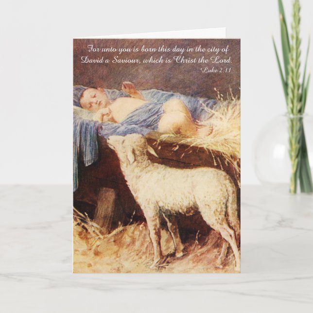 Baby Jesus in a Manger with Lamb Holiday Card (Front)