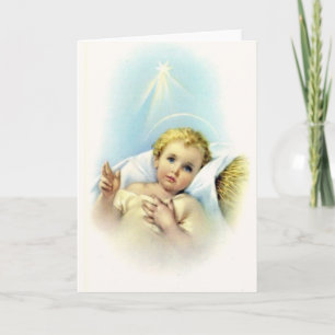 Baby Jesus in Manger Shining Star Halo Fleece Blan Holiday Card