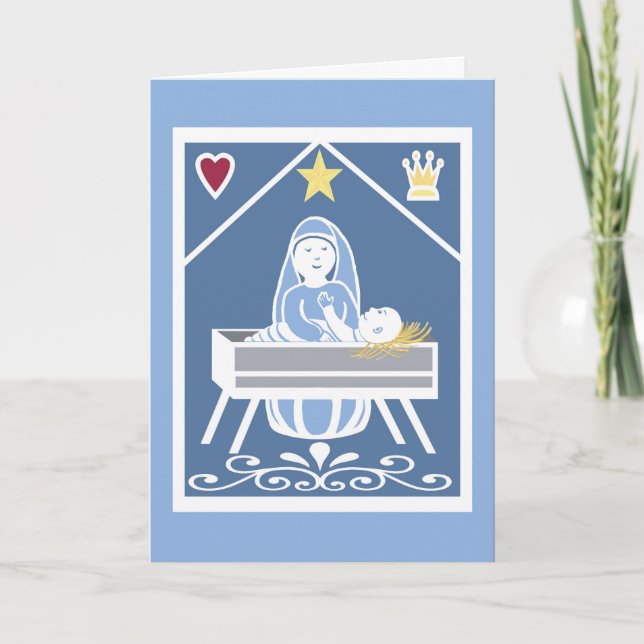 Baby Jesus in manger with Mary, star, heart, crown Card (Front)