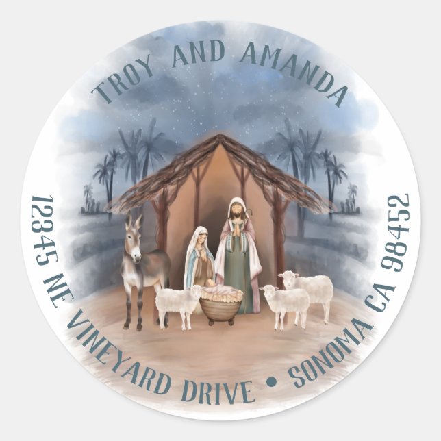 Baby Jesus in the Manger Nativity Round Labels (Front)