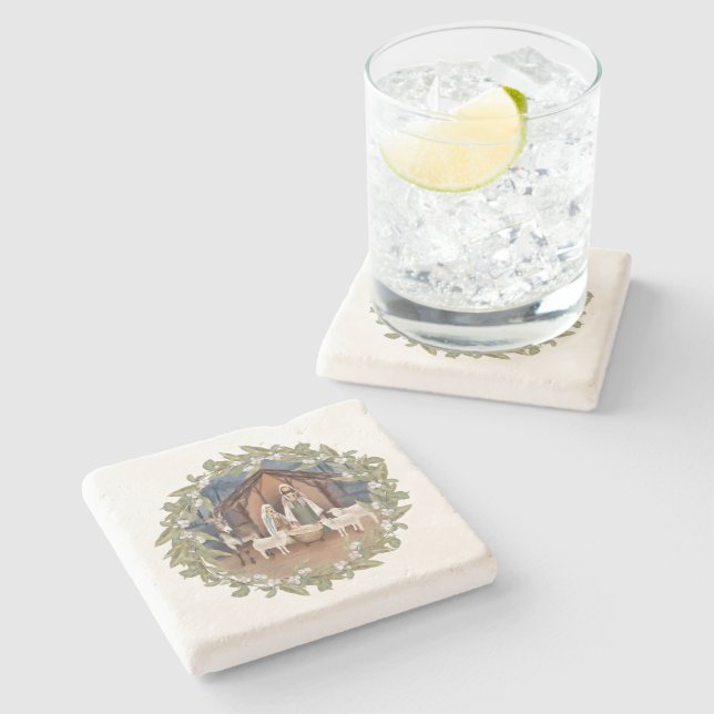 Baby Jesus in the Manger Nativity Wrapping Paper R Stone Coaster (Side)