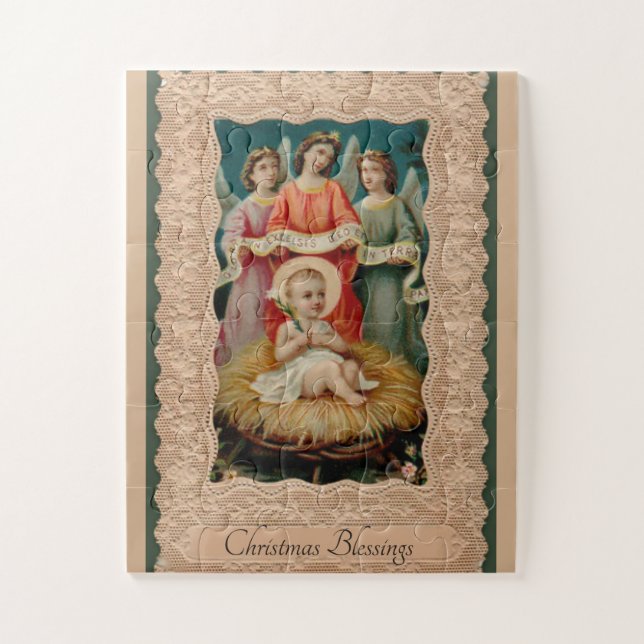 Baby Jesus in the Manger with Angels Christmas Jigsaw Puzzle (Vertical)