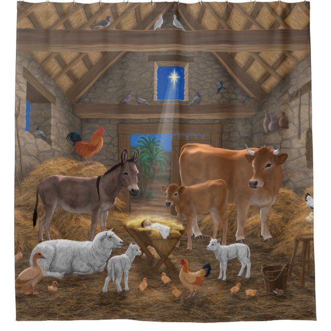 Baby Jesus Manger Holy Night Christmas Nativity Shower Curtain (Front)