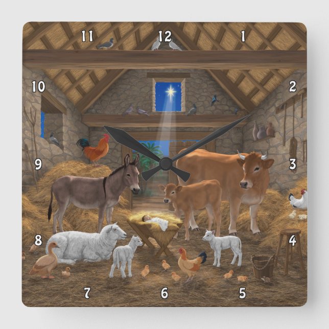 Baby Jesus Manger Holy Night Christmas Nativity Square Wall Clock (Front)