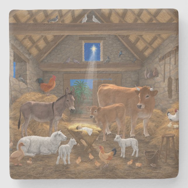 Baby Jesus Manger Holy Night Christmas Nativity Stone Coaster (Front)