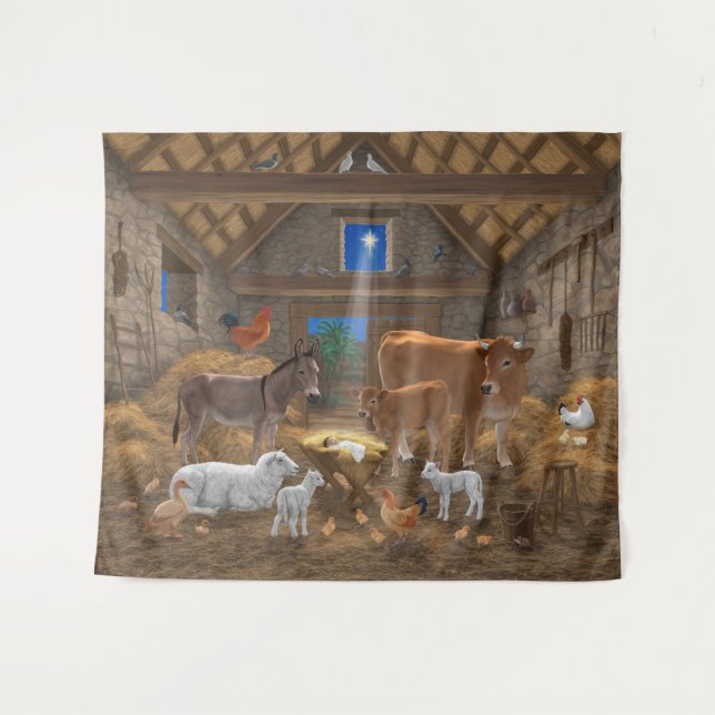 Baby Jesus Manger Holy Night Christmas Nativity Tapestry (Front (Horizontal))
