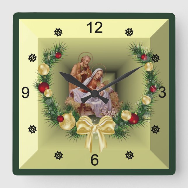 Baby Jesus, Mary & Joseph ~ The Holy Family ~  Square Wall Clock (Front)