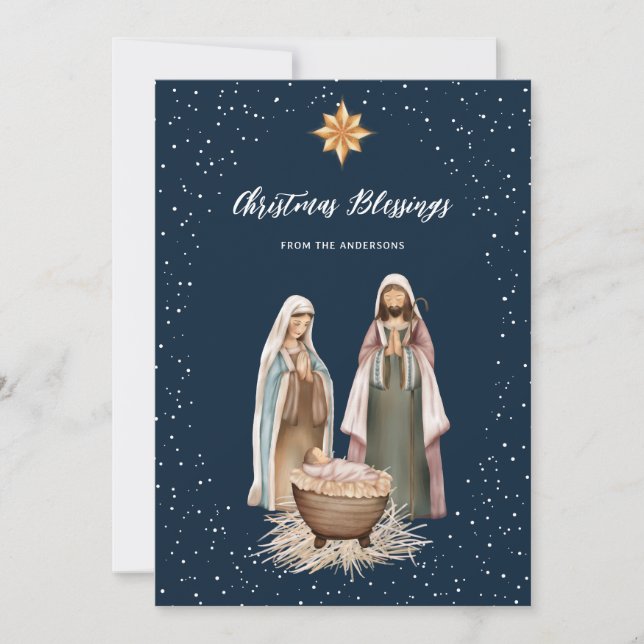 Baby Jesus Nativity Blue Christian Christmas Holiday Card (Front)