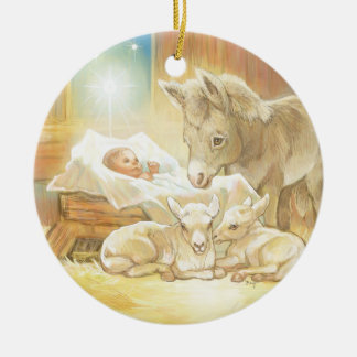 Baby Jesus Nativity with Lambs and Donkey Ceramic Tree Decoration