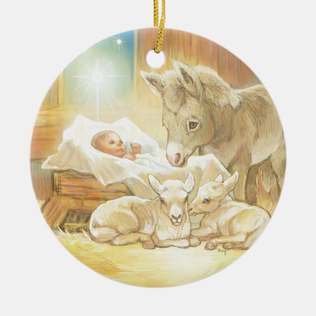 Baby Jesus Nativity with Lambs and Donkey Ceramic Tree Decoration (Front)