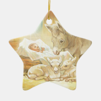 Baby Jesus Nativity with Lambs and Donkey Ceramic Tree Decoration