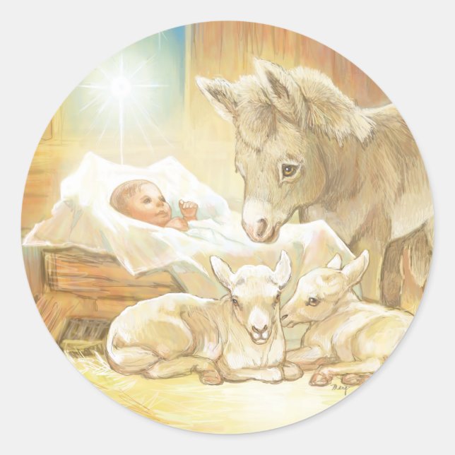 Baby Jesus Nativity with Lambs and Donkey Classic Round Sticker (Front)